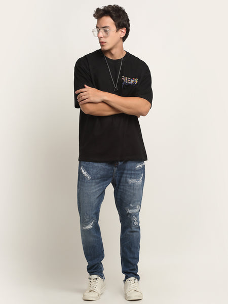 Friends Forever Blue Cursive Text Oversized T-Shirt - Black
