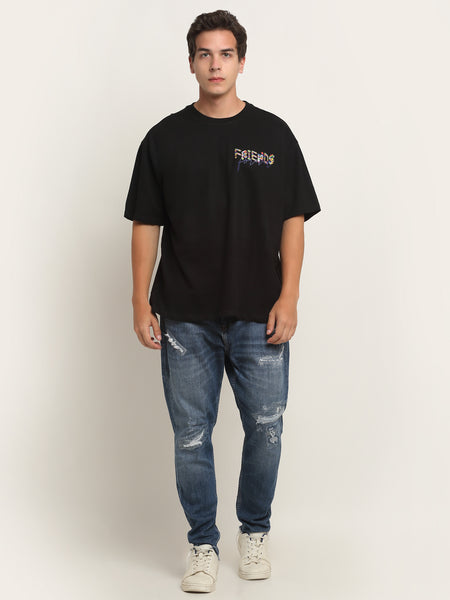 Friends Forever Blue Cursive Text Oversized T-Shirt - Black