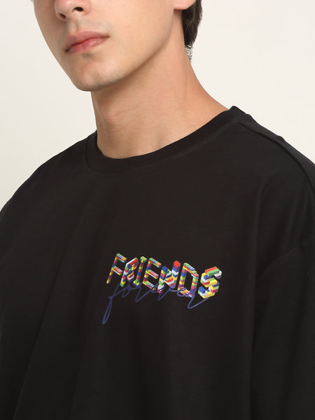 Friends Forever Blue Cursive Text Oversized T-Shirt - Black