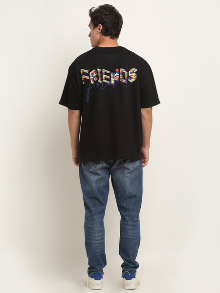 Friends Forever Blue Cursive Text Oversized T-Shirt - Black