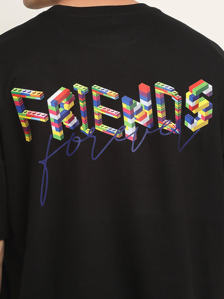 Friends Forever Blue Cursive Text Oversized T-Shirt - Black