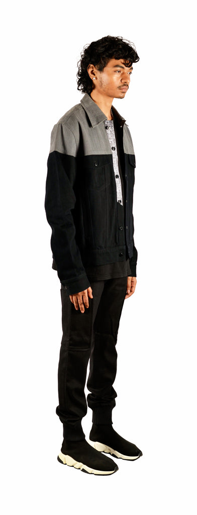 Colour block denim jacket mens top