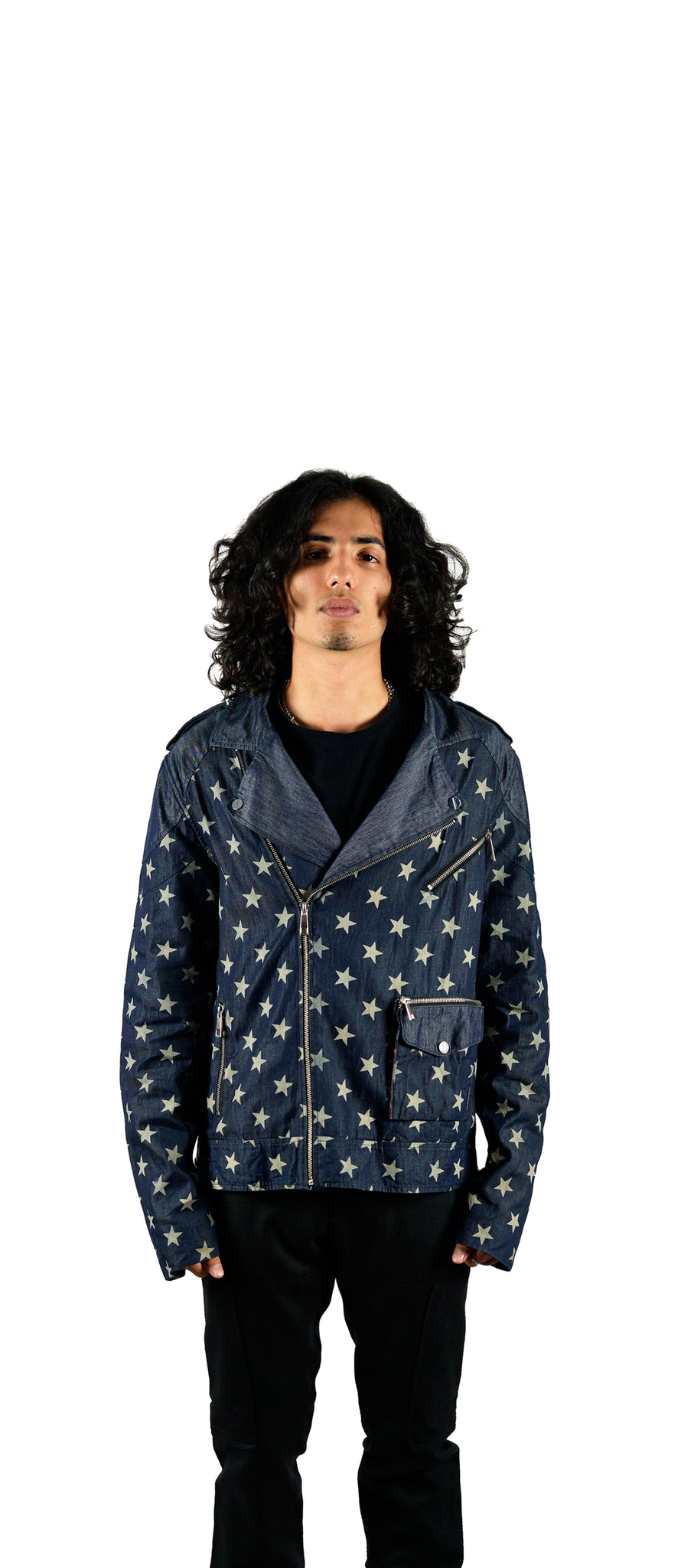 Star Printed Denim Biker Jacket