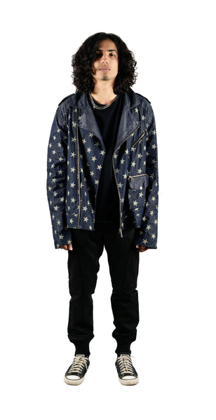 Star Printed Denim Biker Jacket