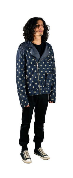 Star Printed Denim Biker Jacket