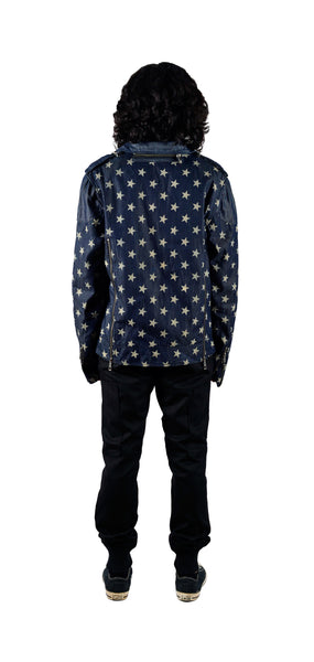 Star Printed Denim Biker Jacket